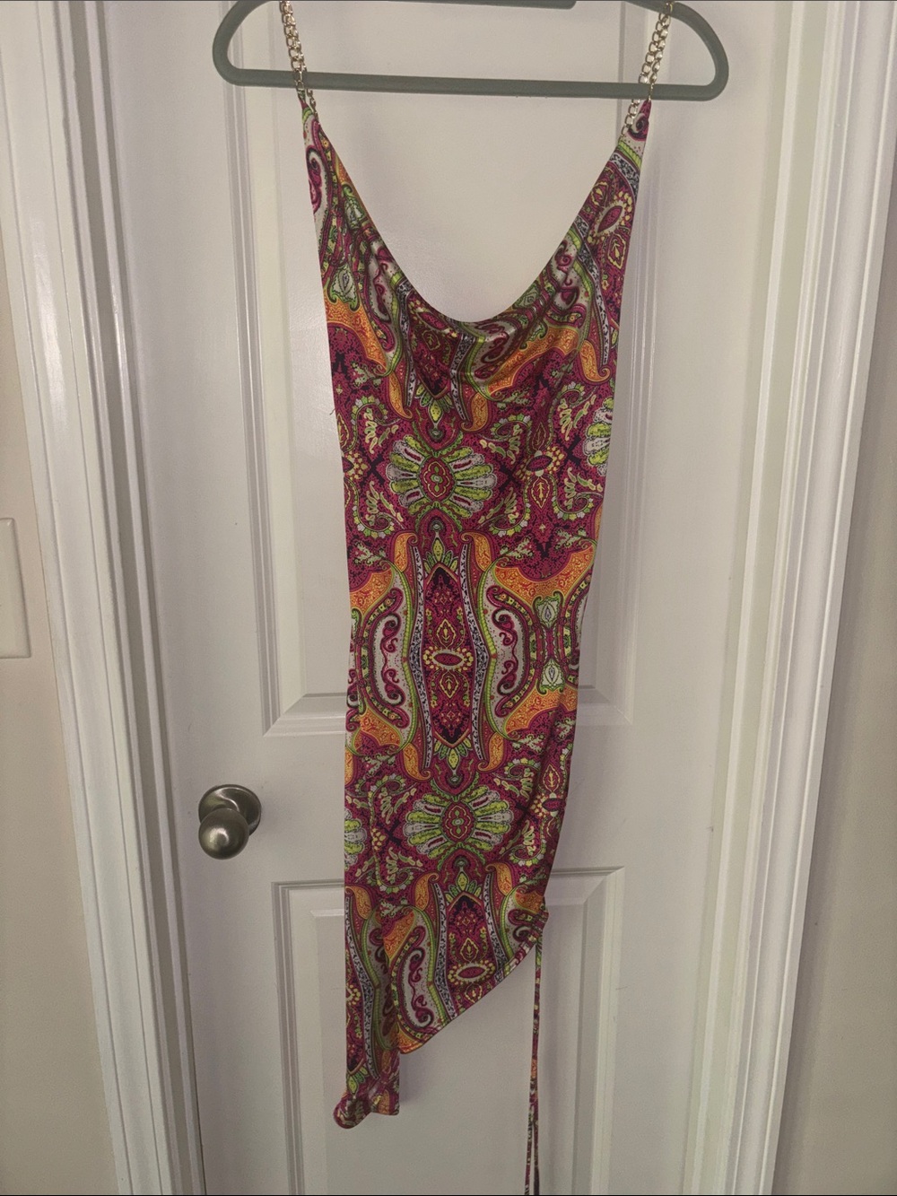 Women’s Pink Paisley Slip Dress with Chain Straps
